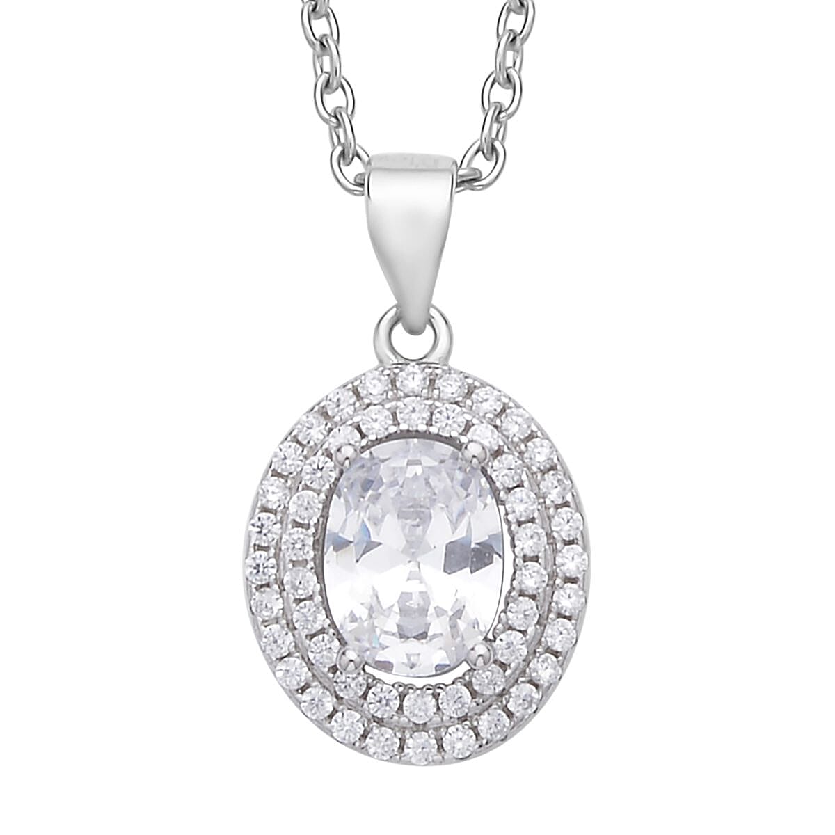 Simulated Diamond Double Halo Pendant in Rhodium Over Sterling Silver with Stainless Steel Necklace 20 Inches