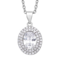 Simulated Diamond Double Halo Pendant in Rhodium Over Sterling Silver with Stainless Steel Necklace 20 Inches