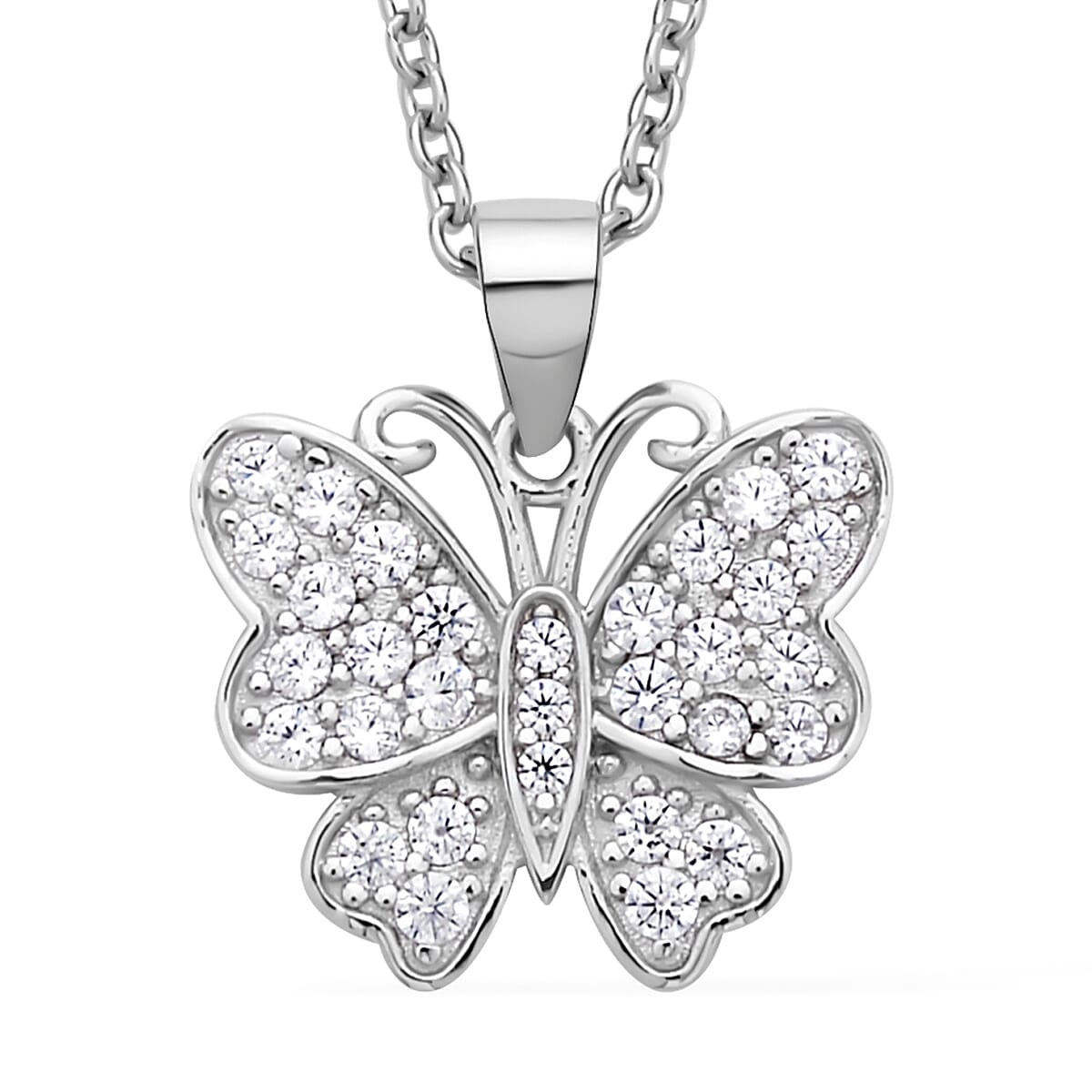 Simulated White Diamond Butterfly Pendant Necklace 20 Inches in Rhodium Over Sterling Silver 0.75 ctw