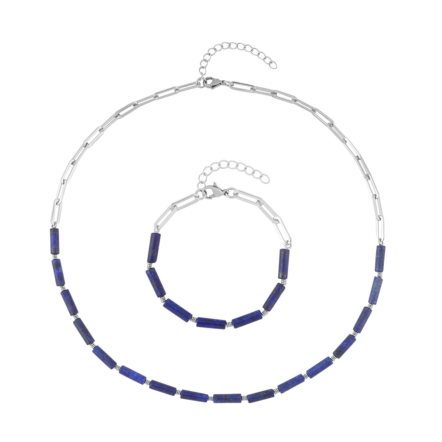 Lapis Lazuli Barrel Paper Clip Chain Necklace 20-22Inches and Bracelet (7.5-9.0In) in Stainless Steel 65.00 ctw