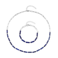 Lapis Lazuli Barrel Paper Clip Chain Necklace 20-22Inches and Bracelet (7.5-9.0In) in Stainless Steel 65.00 ctw
