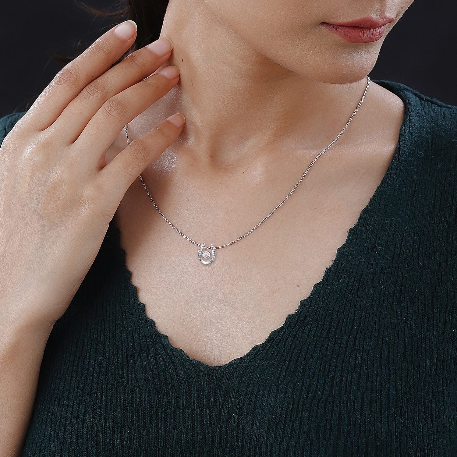 Simulated Diamond Dancing Horseshoe Pendant Necklace 20 Inches in Rhodium Over Sterling Silver 1.00 ctw