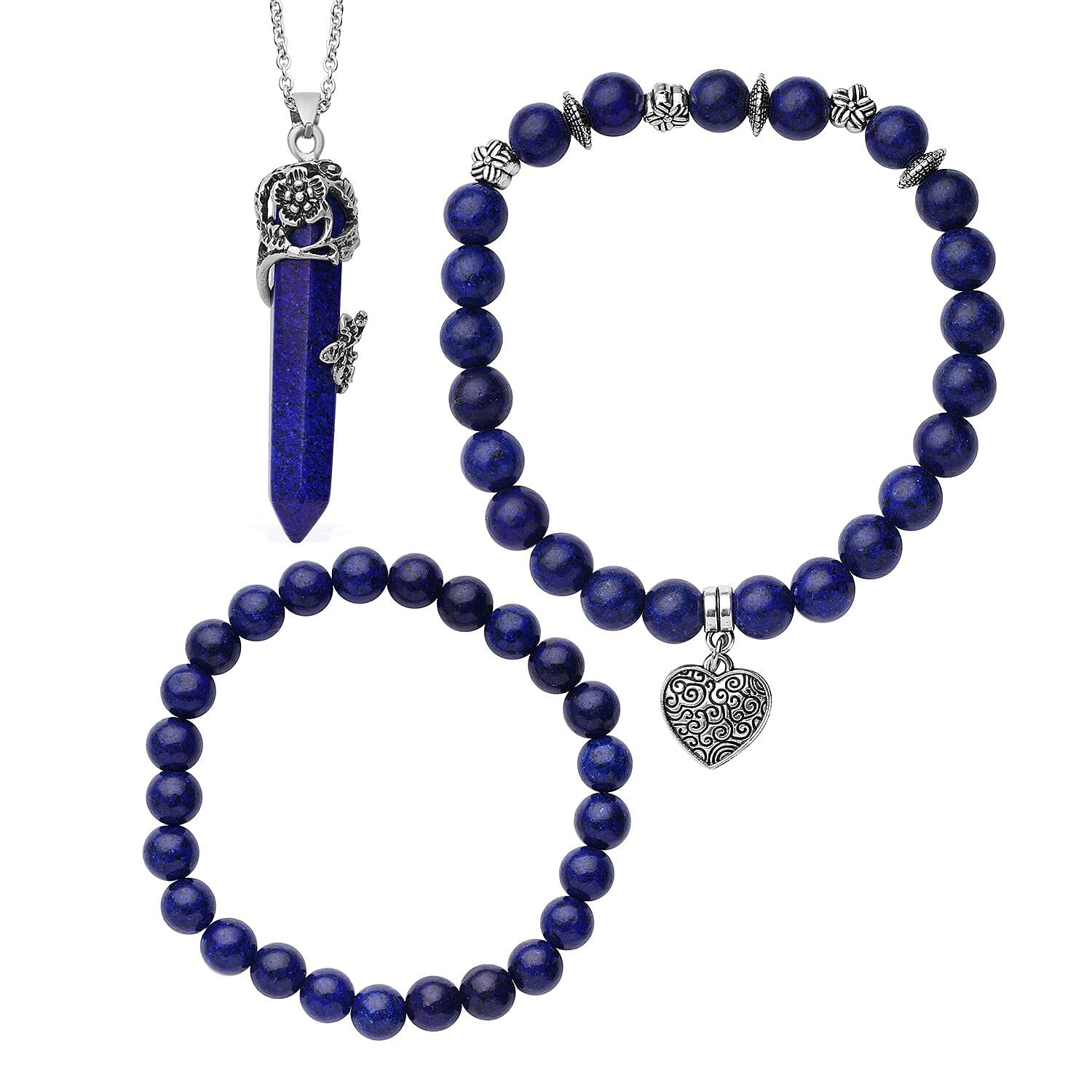 Lapis Lazuli Pendant Necklace 24 Inches and Set of 2 Beaded Stretch Bracelet in Silvertone & Stainless Steel 222.40 ctw