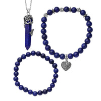 Lapis Lazuli Pendant Necklace 24 Inches and Set of 2 Beaded Stretch Bracelet in Silvertone & Stainless Steel 222.40 ctw