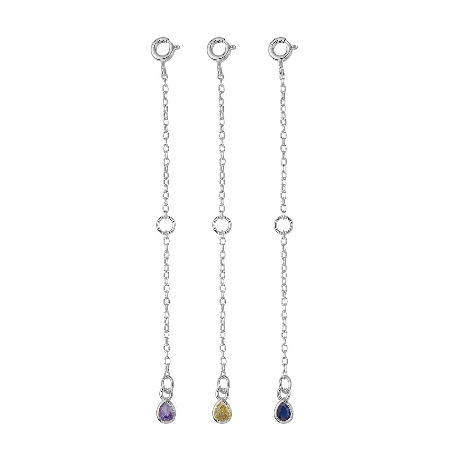 Set of 3 Simulated Yellow, Blue and Purple Diamond Extender Rolo Chain (3 Inches) and 5mm Spring Lock in Rhodium Over Sterling Silver 0.75 ctw