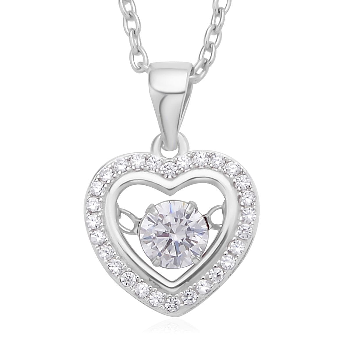 Simulated Diamond Heart Shape Dancing Pendant Necklace 20 Inches in Rhodium Over Sterling Silver and Stainless Steel 1.00 ctw