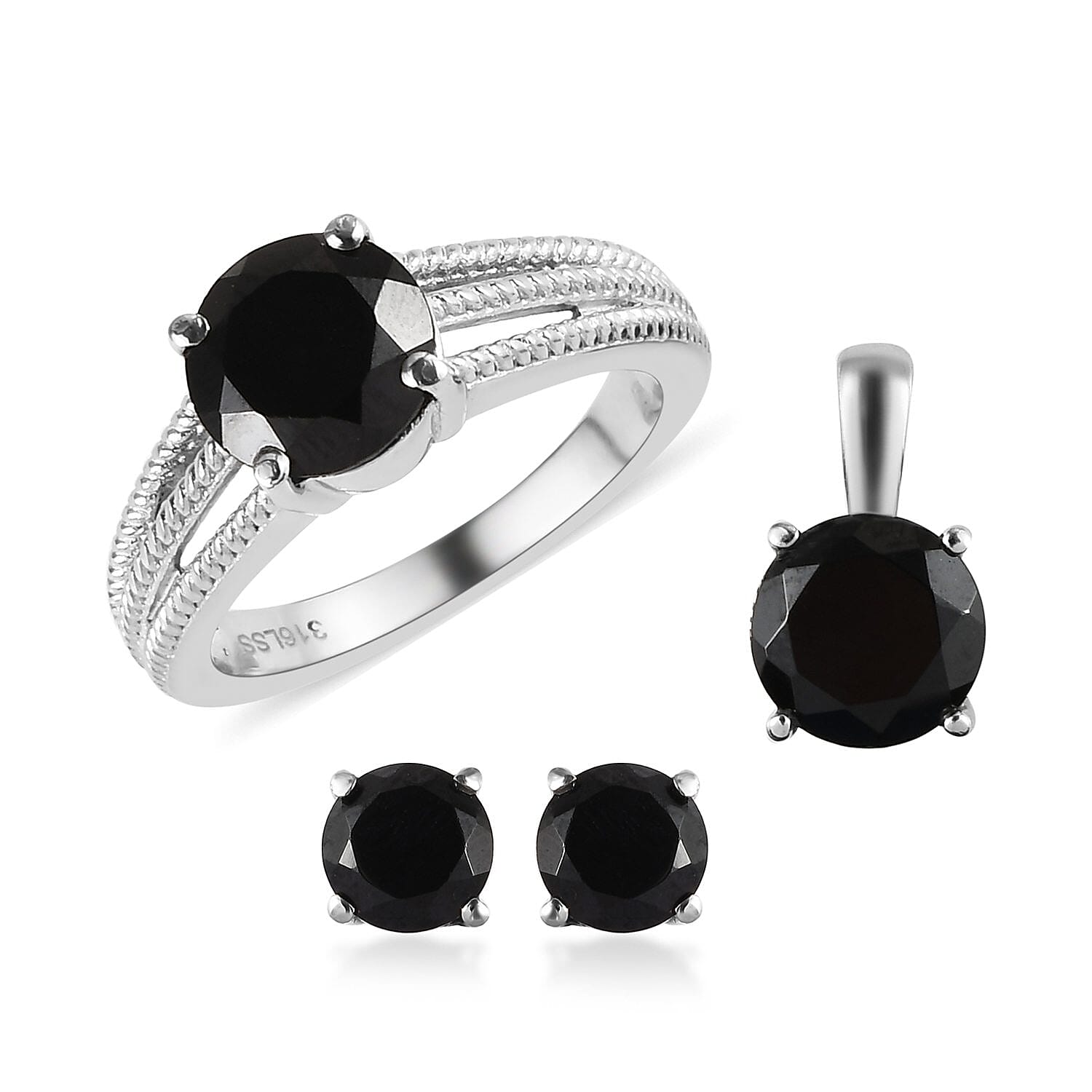 Natural Thai Black Spinel Solitaire Ring , Pendant and Solitaire Stud Earrings in Stainless Steel 7.15 ctw