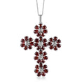 Mozambique Garnet and White Zircon Floral Cross Pendant Necklace 20 Inches in Platinum Over Sterling Silver 8.00 ctw - Sticky add to cart bar
