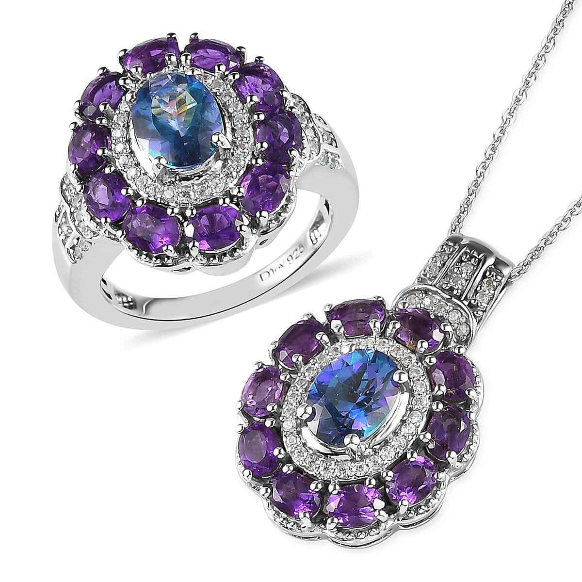 Brazilian Blue Petalite, Multi Gemstone Cocktail Ring (Size 6.0) and Pendant Necklace (20 Inches) in Platinum Over Sterling Silver 5.85 ctw