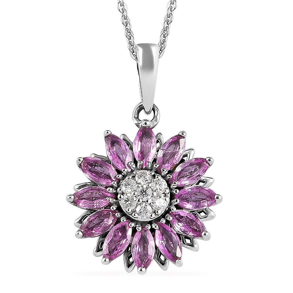 Premium Madagascar Pink Sapphire and Moissanite Floral Pendant Necklace 20 Inches in Platinum Over Sterling Silver 1.75 ctw