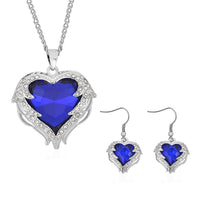 Blue Glass, Austrian Crystal Heart Pendant Necklace 24-26 Inches and Earrings in Silvertone