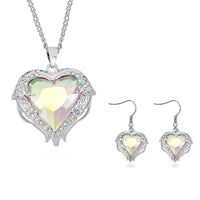 Blue Glass, Austrian Crystal Heart Pendant Necklace 24-26 Inches and Earrings in Silvertone
