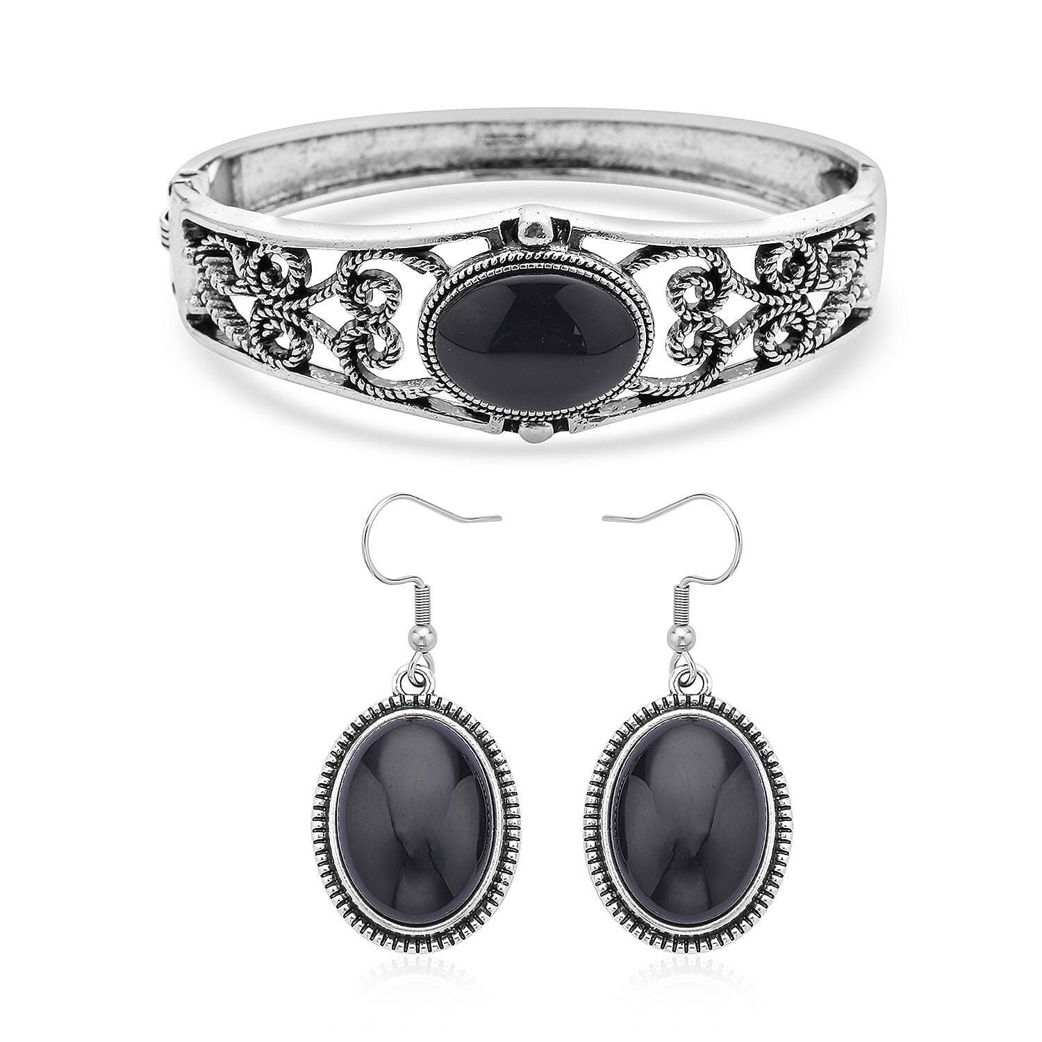 Black Obsidian Bangle Bracelet (7 In) and Earrings in Stainless Steel 50.00 ctw