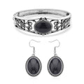 Black Obsidian Bangle Bracelet (7 In) and Earrings in Stainless Steel 50.00 ctw - Sticky add to cart bar