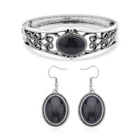 Black Obsidian Bangle Bracelet (7 In) and Earrings in Stainless Steel 50.00 ctw