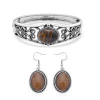 Black Obsidian Bangle Bracelet (7 In) and Earrings in Stainless Steel 50.00 ctw
