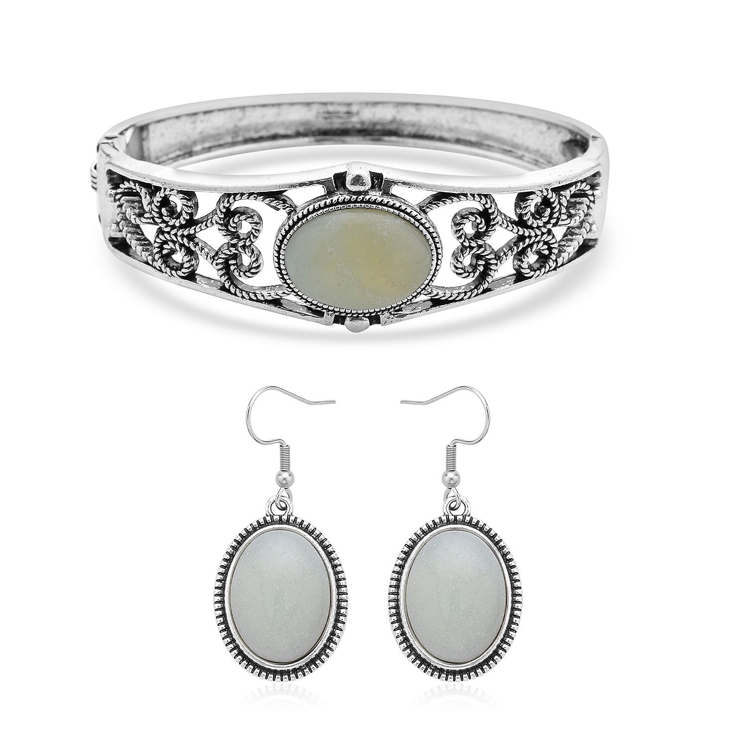 Black Obsidian Bangle Bracelet (7 In) and Earrings in Stainless Steel 50.00 ctw