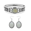 Black Obsidian Bangle Bracelet (7 In) and Earrings in Stainless Steel 50.00 ctw - Sticky add to cart bar