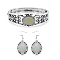 Black Obsidian Bangle Bracelet (7 In) and Earrings in Stainless Steel 50.00 ctw