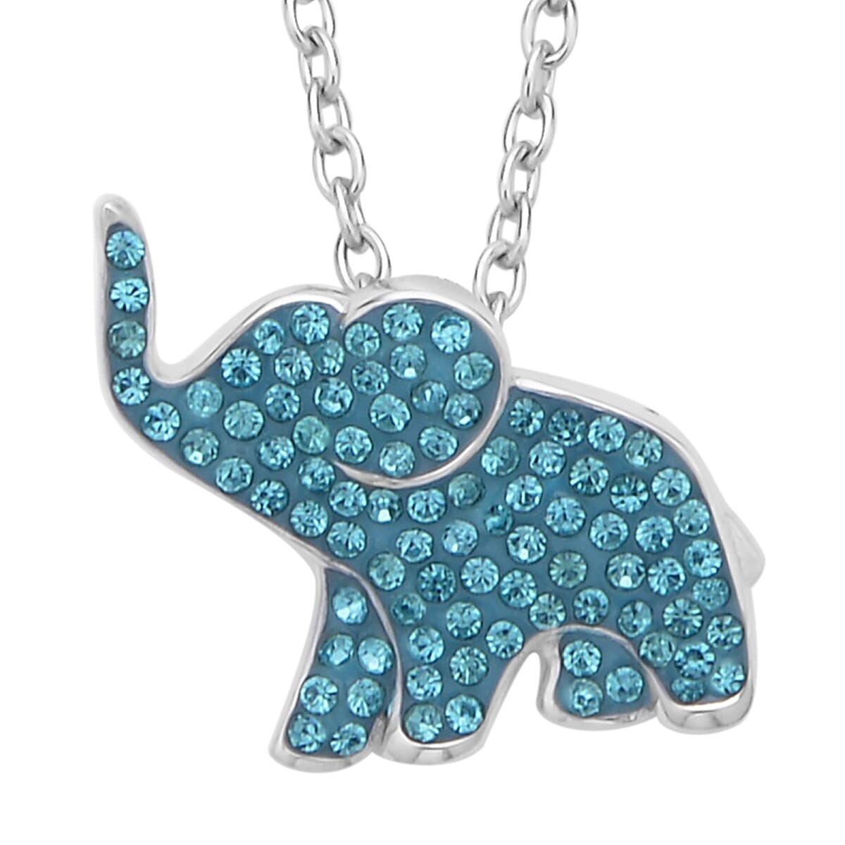 Blue Austrian Crystal Elephant Pendant Necklace 20 Inches in Rhodium Over Sterling Silver