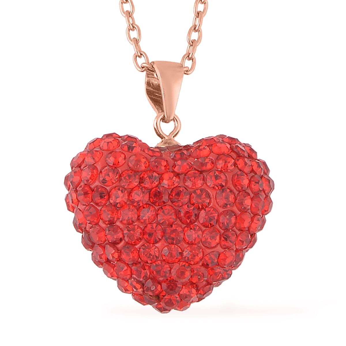 Ruby Color Austrian Crystal Heart Pendant Necklace 20 Inches in 14K RG Over Sterling Silver and ION Plated RG Stainless Steel