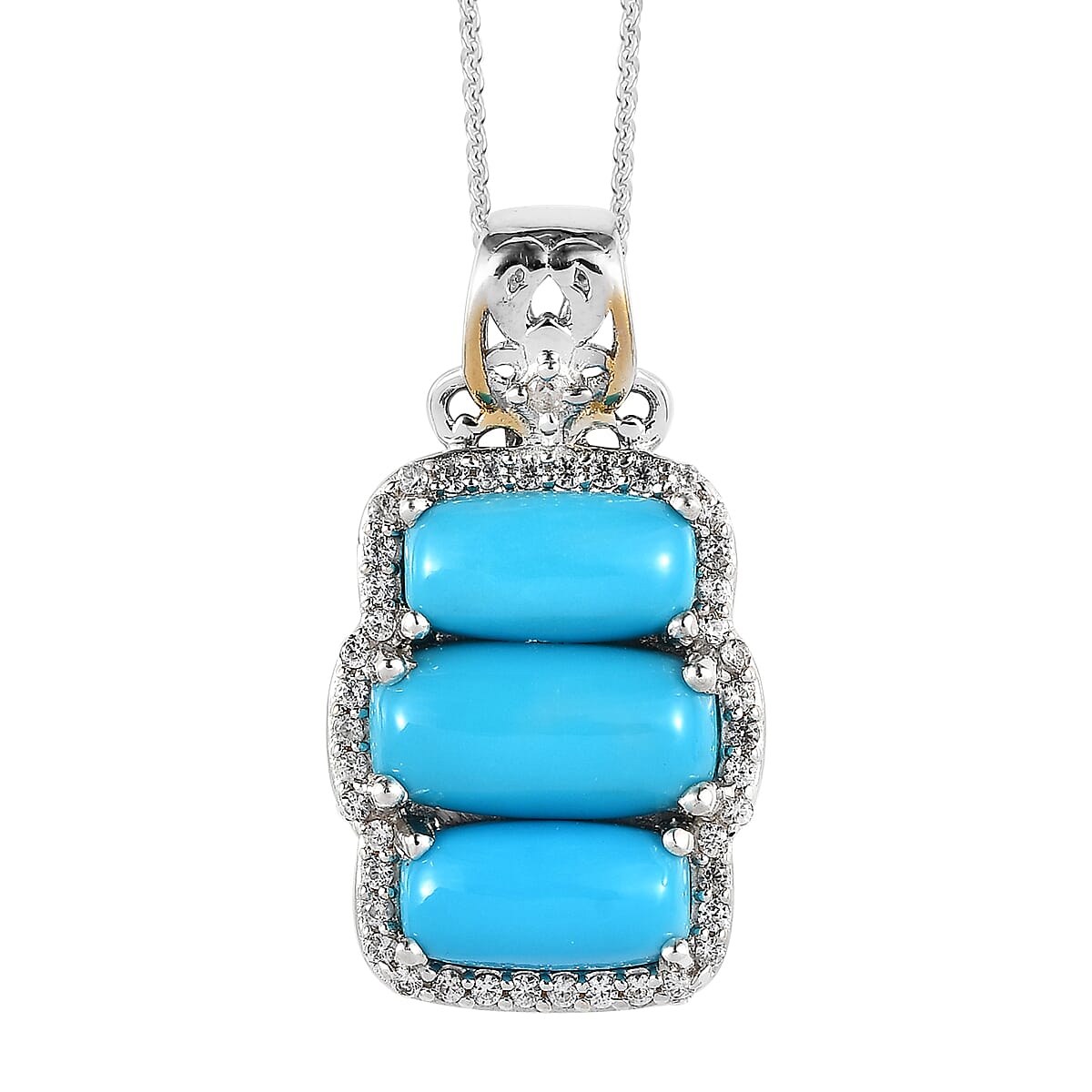 Sleeping Beauty Turquoise and White Zircon Pendant Necklace 20 Inches in Vermeil YG and Platinum Over Sterling Silver 6.10 ctw