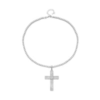 White Austrian Crystal Cross Pendant Necklace (20 Inches) in Silvertone