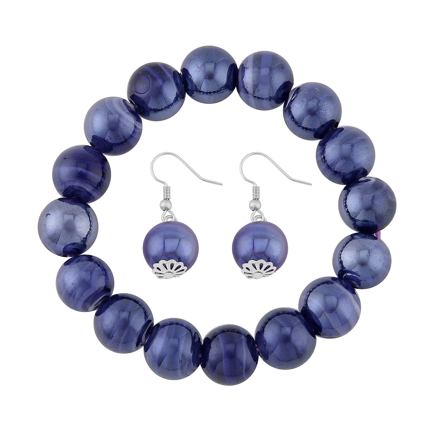 Purple Color Style Beaded Stretch Bracelet and Earrings in Stainless Steel