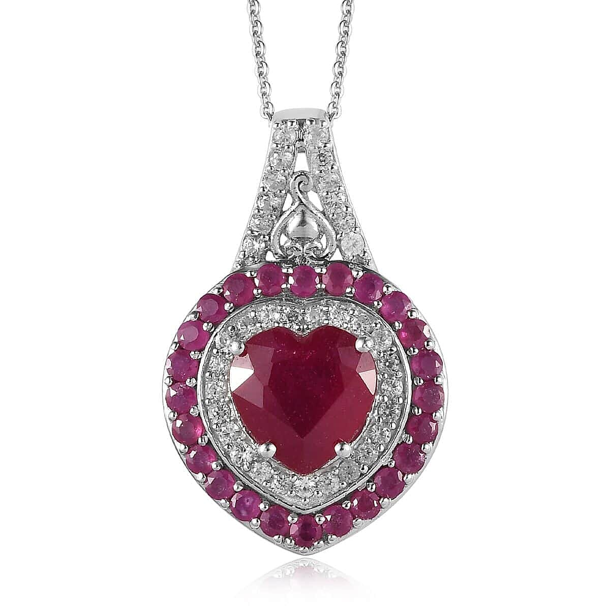 TLV Niassa Ruby, Natural White Zircon Pendant Necklace (20 Inches) in Platinum Over Sterling Silver 7.00 ctw