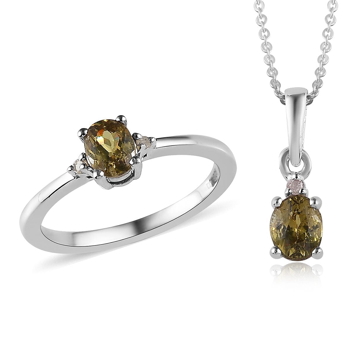 Natural Ambanja Demantoid Garnet and Diamond Accent Solitaire Ring (Size 10.0) Pendant Necklace 20 Inches in Platinum Over Sterling Silver 1.00 ctw
