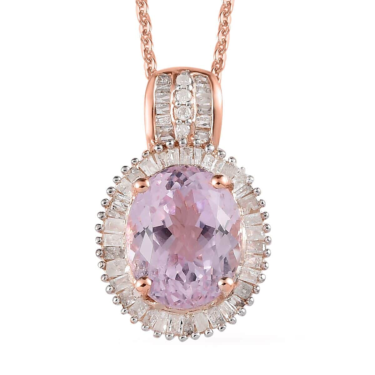 Premium Martha Rocha Kunzite and Diamond Halo Pendant Necklace 20 Inches in Vermeil Rose Gold Over Sterling Silver 3.90 ctw