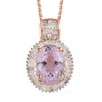 Premium Martha Rocha Kunzite and Diamond Halo Pendant Necklace 20 Inches in Vermeil Rose Gold Over Sterling Silver 3.90 ctw