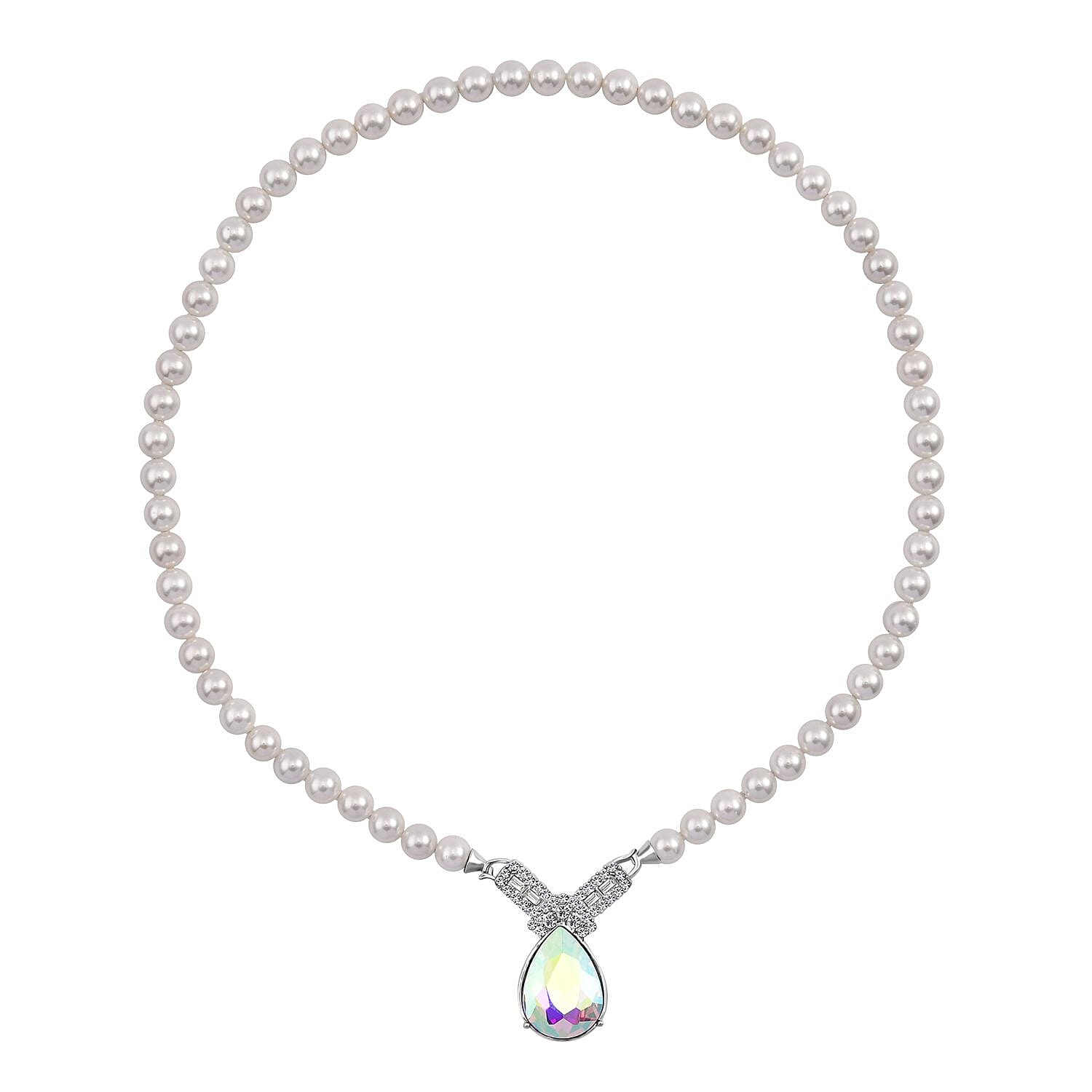 White Mystic Color Glass, Austrian Crystal and White Shell Pearl Pendant Necklace (20 Inches) in Silvertone