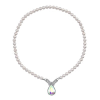 White Mystic Color Glass, Austrian Crystal and White Shell Pearl Pendant Necklace (20 Inches) in Silvertone