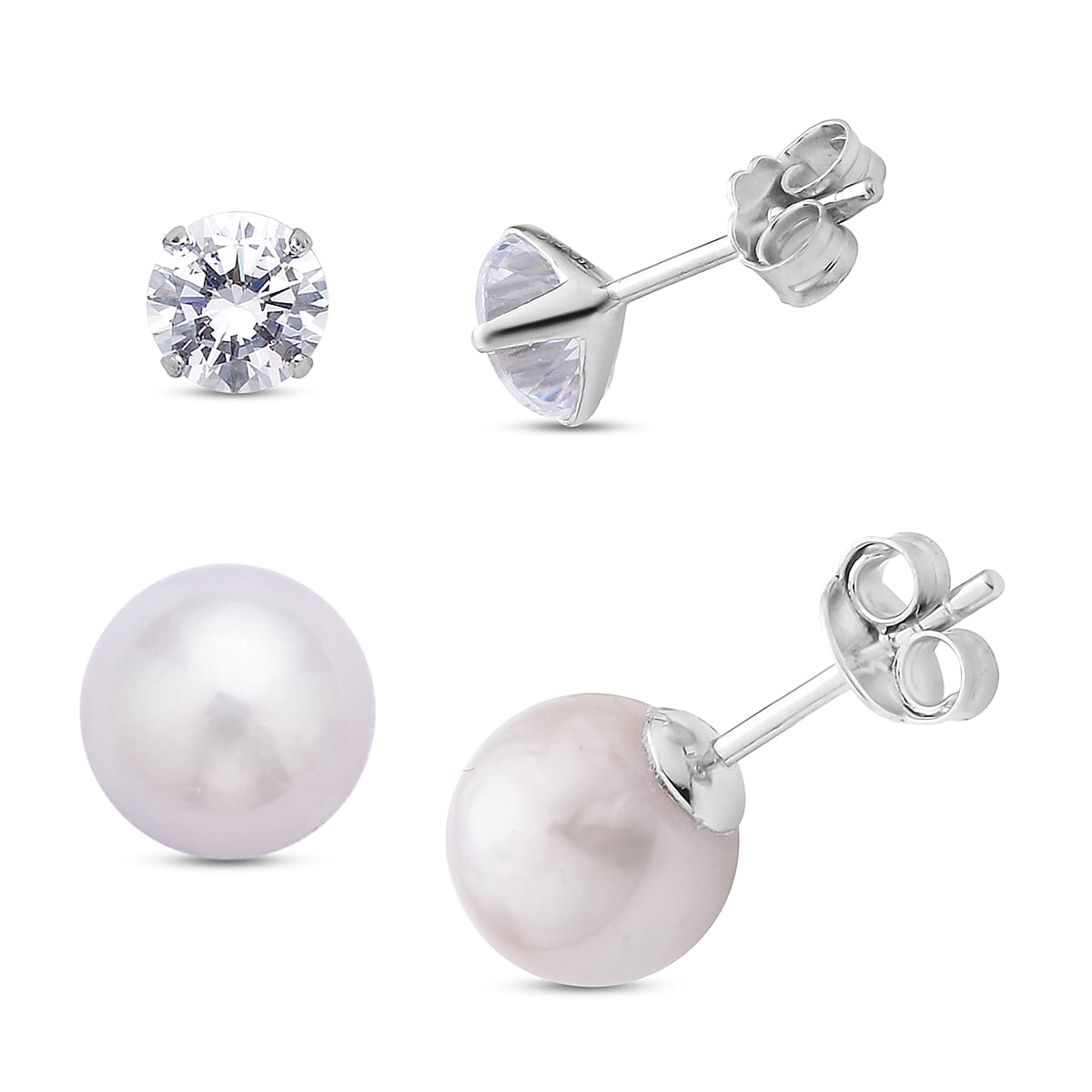 Set of 2 White Anhui Freshwater Cultured Pearl and Simulated Diamond Solitaire Stud Earrings in Rhodium Over Sterling Silver 1.50 ctw
