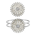Set of 2 White Austrian Crystal and Glass Daisy Flower Bangle Bracelet (7.00 In) and Adjustable Ring (Size 7.00-9.00) in Silvertone - Sticky add to cart bar