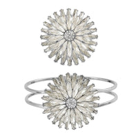 Set of 2 White Austrian Crystal and Glass Daisy Flower Bangle Bracelet (7.00 In) and Adjustable Ring (Size 7.00-9.00) in Silvertone