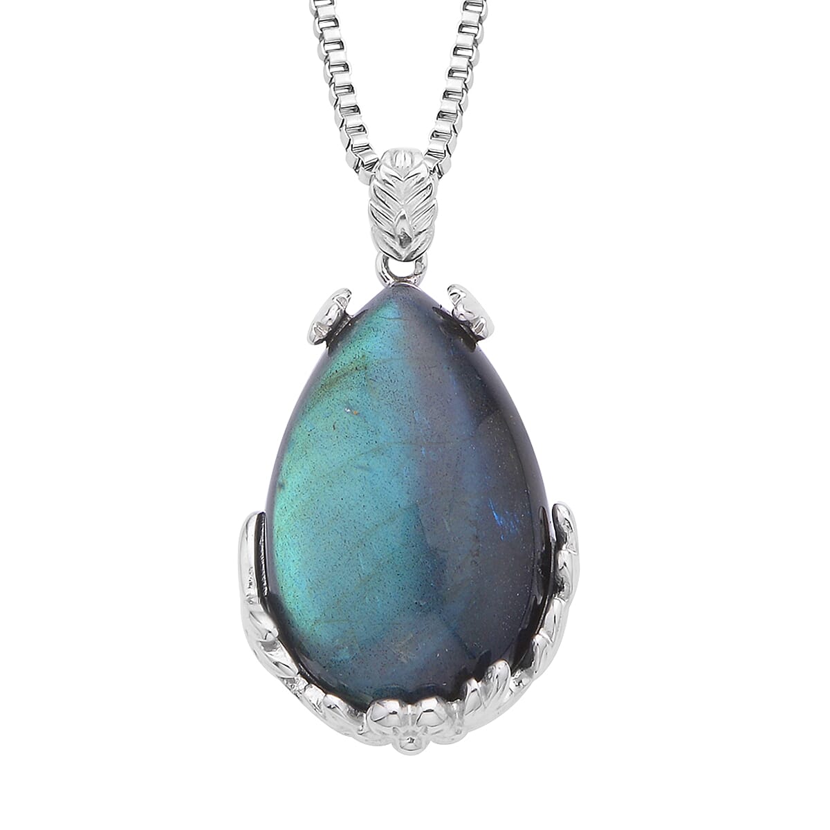 Malagasy Labradorite Pendant Necklace 20 Inches in Stainless Steel 55.00 ctw