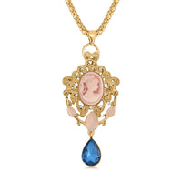 Cameo and Multi Gemstone Victorian Style Pendant Necklace 28-30 Inches in Goldtone