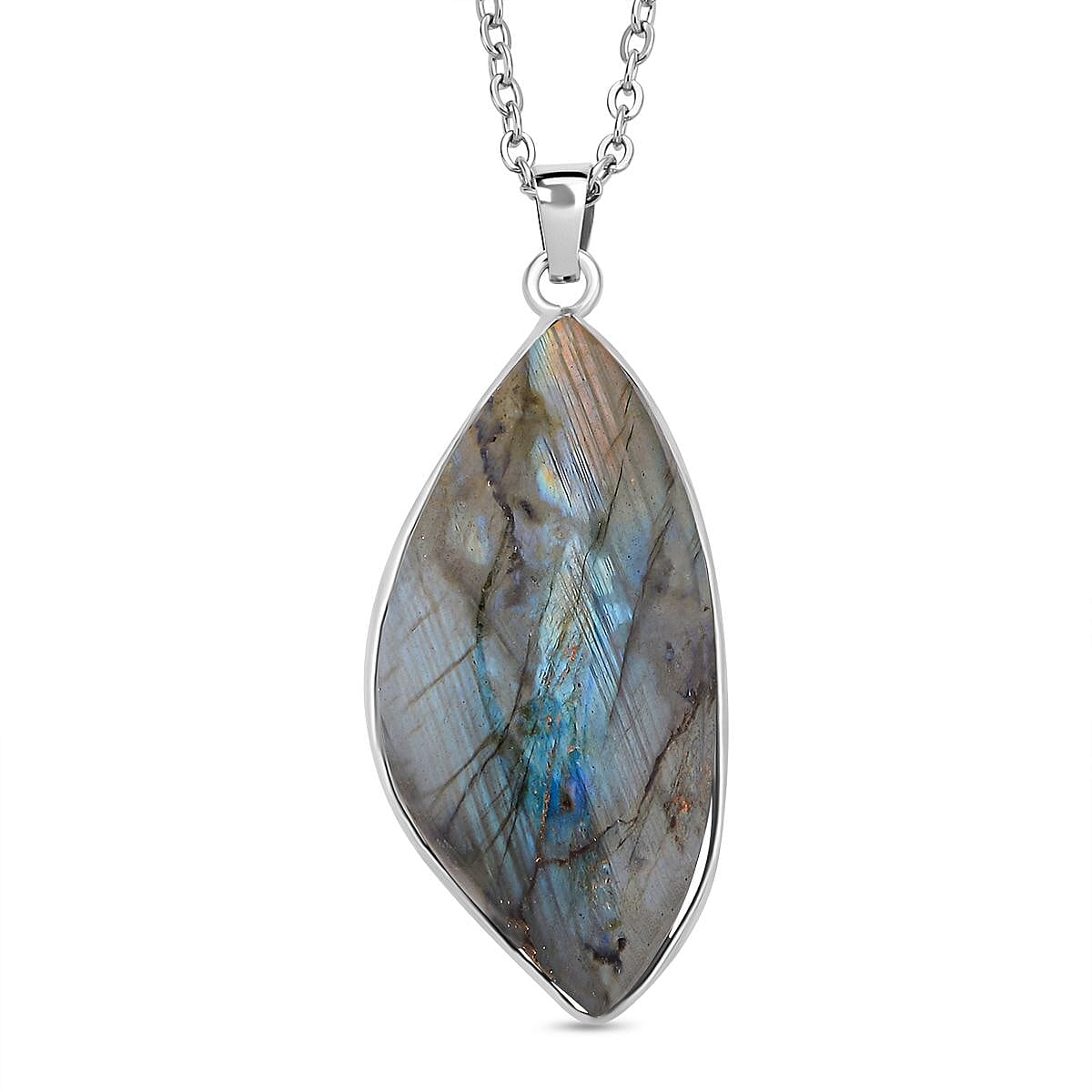Malagasy Labradorite Pendant Necklace (20 Inches) in Stainless Steel 40.00 ctw , Tarnish-Free, Waterproof, Sweat Proof Jewelry