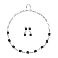 Black Glass Necklace 20-22Inches and Earrings in Silvertone