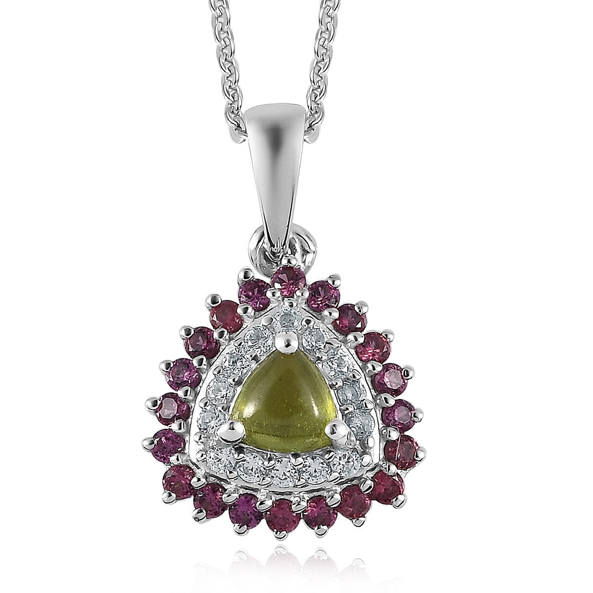 Italian Vesuvianite and White Zircon Double Halo Pendant Necklace 20 Inches in Platinum Over Sterling Silver 1.15 ctw