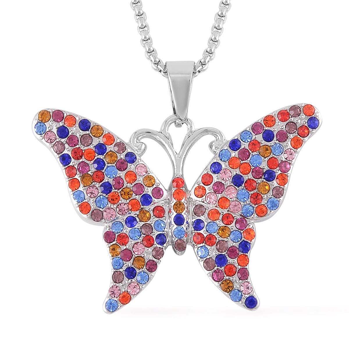 Abalone Shell and Multi Color Austrian Crystal Double Side Butterfly Pendant Necklace 24-26 Inches in Silvertone