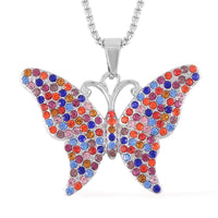 Abalone Shell and Multi Color Austrian Crystal Double Side Butterfly Pendant Necklace 24-26 Inches in Silvertone