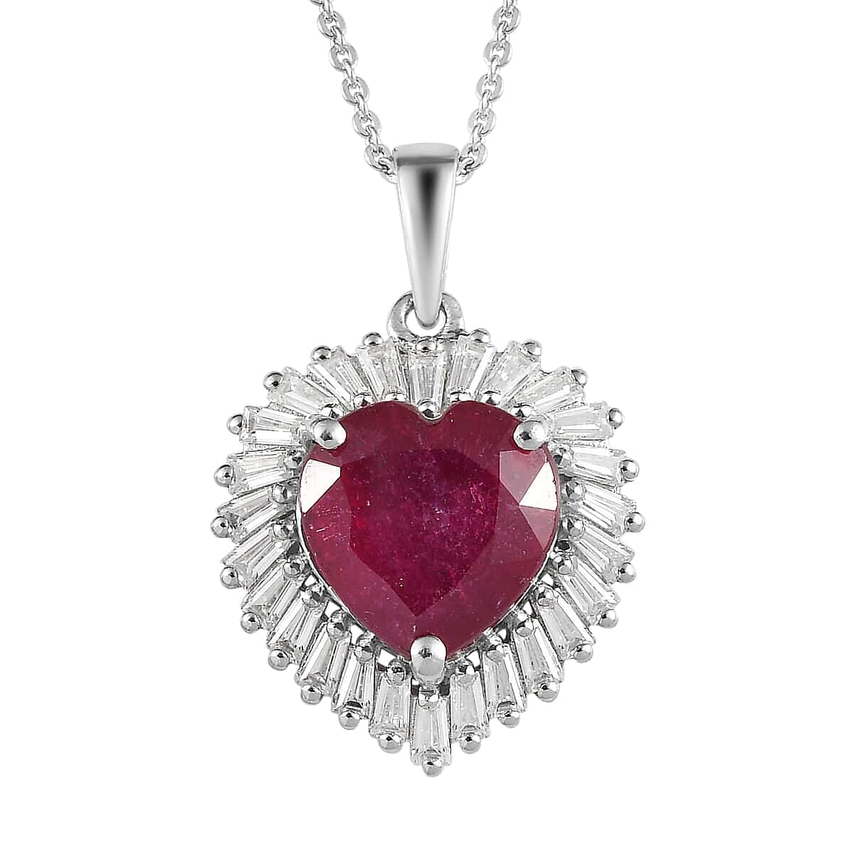 TLV AAA Niassa Ruby (FF), Moissanite Heart Halo Pendant Necklace (20 Inches) in Platinum Over Sterling Silver 6.15 ctw