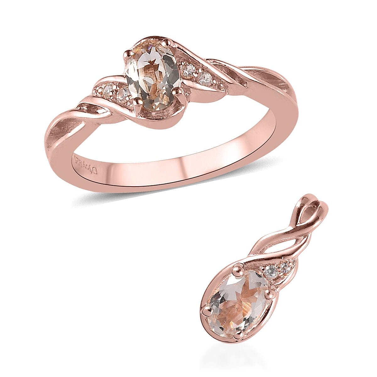 Premium Marropino Morganite and Natual White Zircon Ring (Size 5.0) and Pendant in Vermeil Rose Gold Over Sterling Silver 0.85 ctw