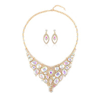 Mystic Green Glass and Austrian Crystal Necklace 20-21 Inches and Earrings in Goldtone