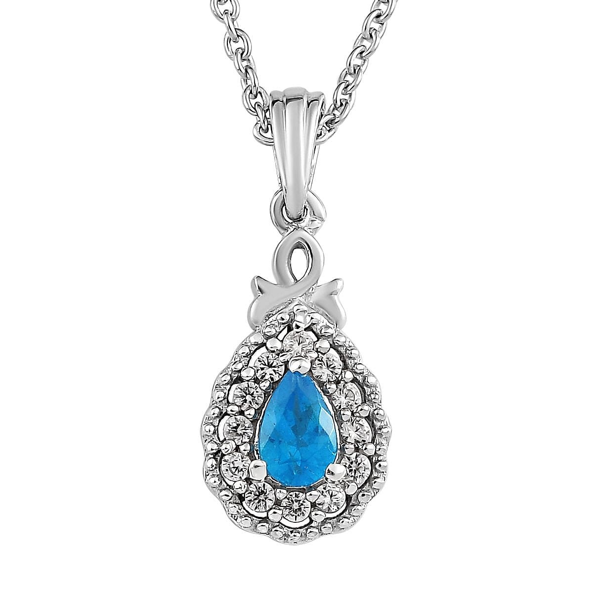 Malgache Neon Apatite and White Zircon Pendant Necklace 20 Inches in Platinum Over Sterling Silver 0.75 ctw