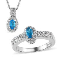 Malgache Neon Apatite and Natural White Zircon Halo Ring and Pendant Necklace 20 Inches in Platinum Over Sterling Silver 1.15 ctw (Delivery in 5-7 Business Days)