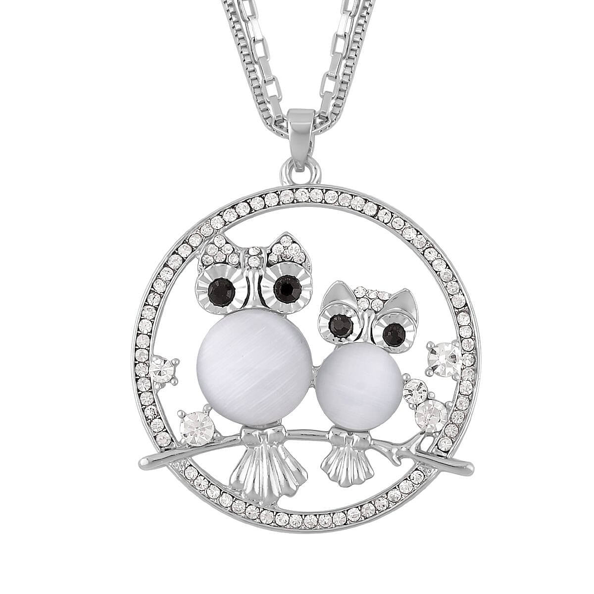 Lab Created White Cat's Eye, White and Black Austrian Crystal Owl Pendant Necklace (28-30 Inches) in Silvertone